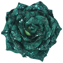 Best Christmas Forever ROSE HEAD GREEN /EMERALD 4.5″ VELVET W/ GLITTER & CLIP