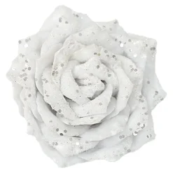 Best Christmas Forever ROSE HEAD WHITE 4.5″ VELVET W/ GLITTER & CLIP