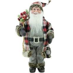 Clearance Christmas Forever SANTA STANDING 18″ GRAY/ RED COAT W/GIFT SACK & LANTERN