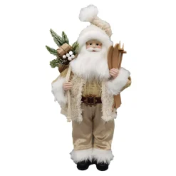 Christmas Forever SANTA STANDING 18″ W/ SKIS & GIFT SACK IVORY/GOLD