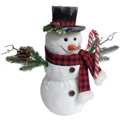 Hot Christmas Forever SNOWMAN WHITE FUR 18″ W/ PLAID SCARF, BLACK HAT & CANDY CANE