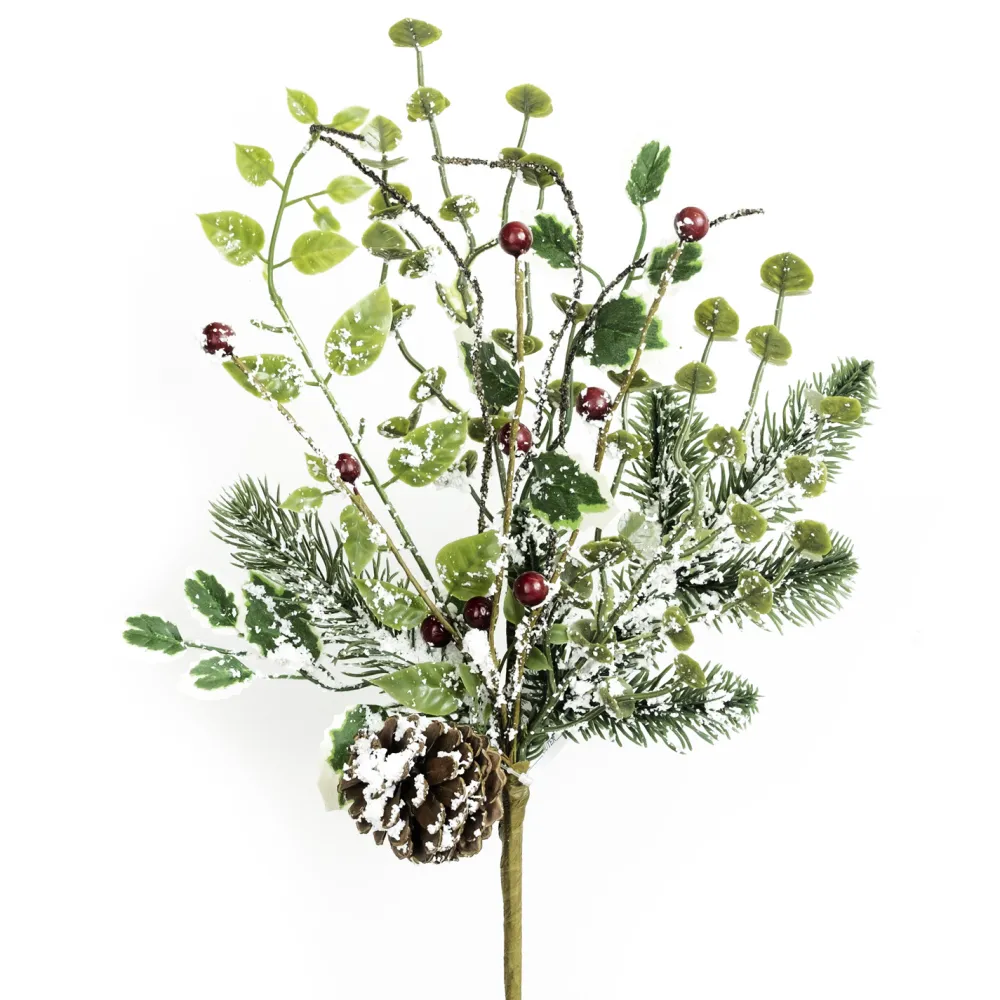 Clearance Christmas Forever SPRAY FLOCKED PINE 18″ RED BERRY W/ ASST. LEAVES