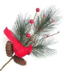 Clearance Christmas Forever SPRAY GRN PINE 15″ RED BERRIES W/ CARDINAL NEEDLE PINE & CONES