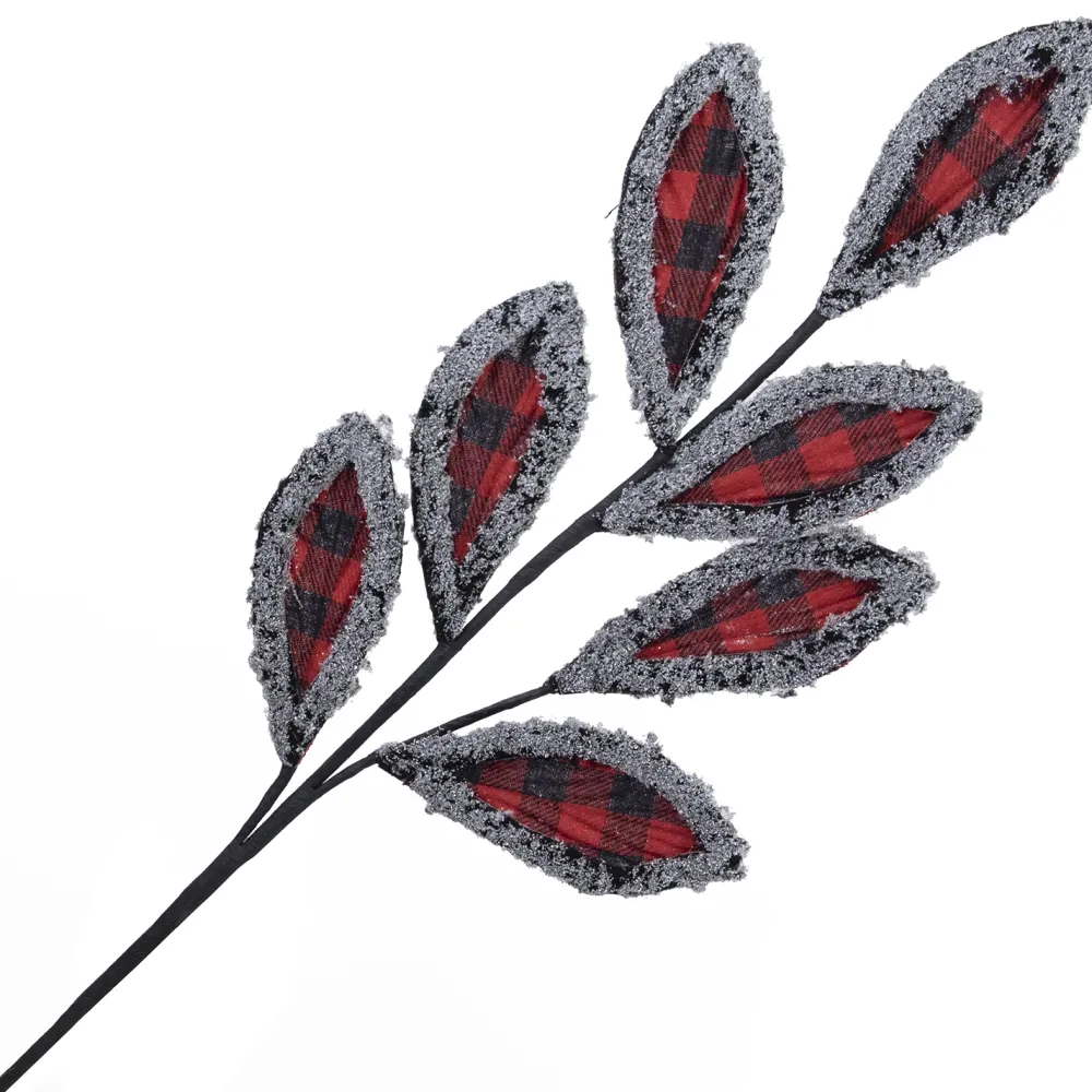 Hot Christmas Forever SPRAY LEAVES FABRIC 27″ RED/ BLK BUFFALO PLAID W/ FLUFFY FROSTED BORDER