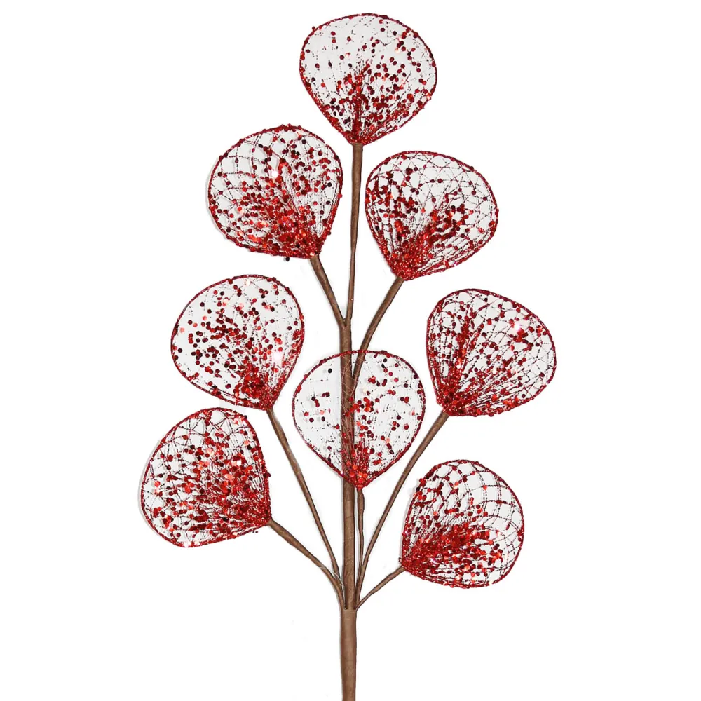 Best Christmas Forever SPRAY LEAVES MESH 26″ RED GLITTER