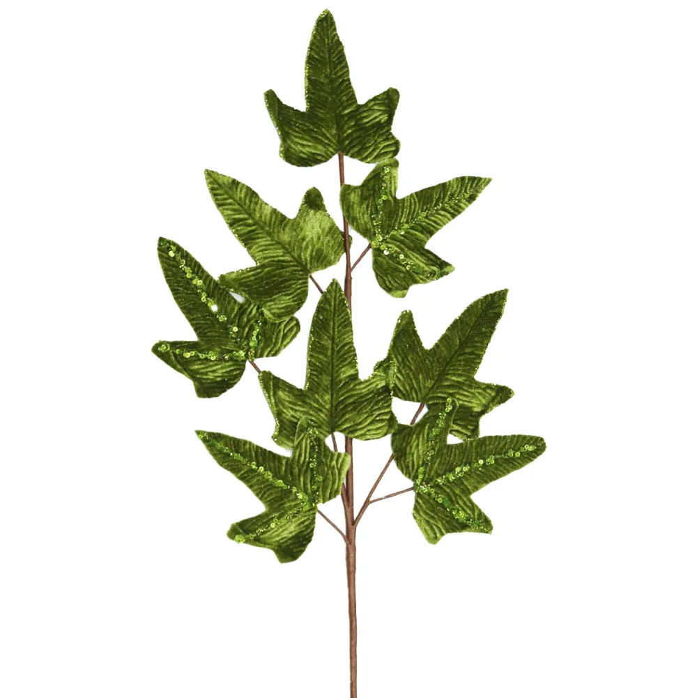 Hot Christmas Forever SPRAY LEAVES VELVET 27.5″ DARK GREEN W/GLITTER
