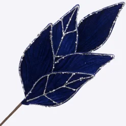 Discount Christmas Forever SPRAY LEAVES VELVET 22″ ROYAL BLUE W/ SILVER GLITTER