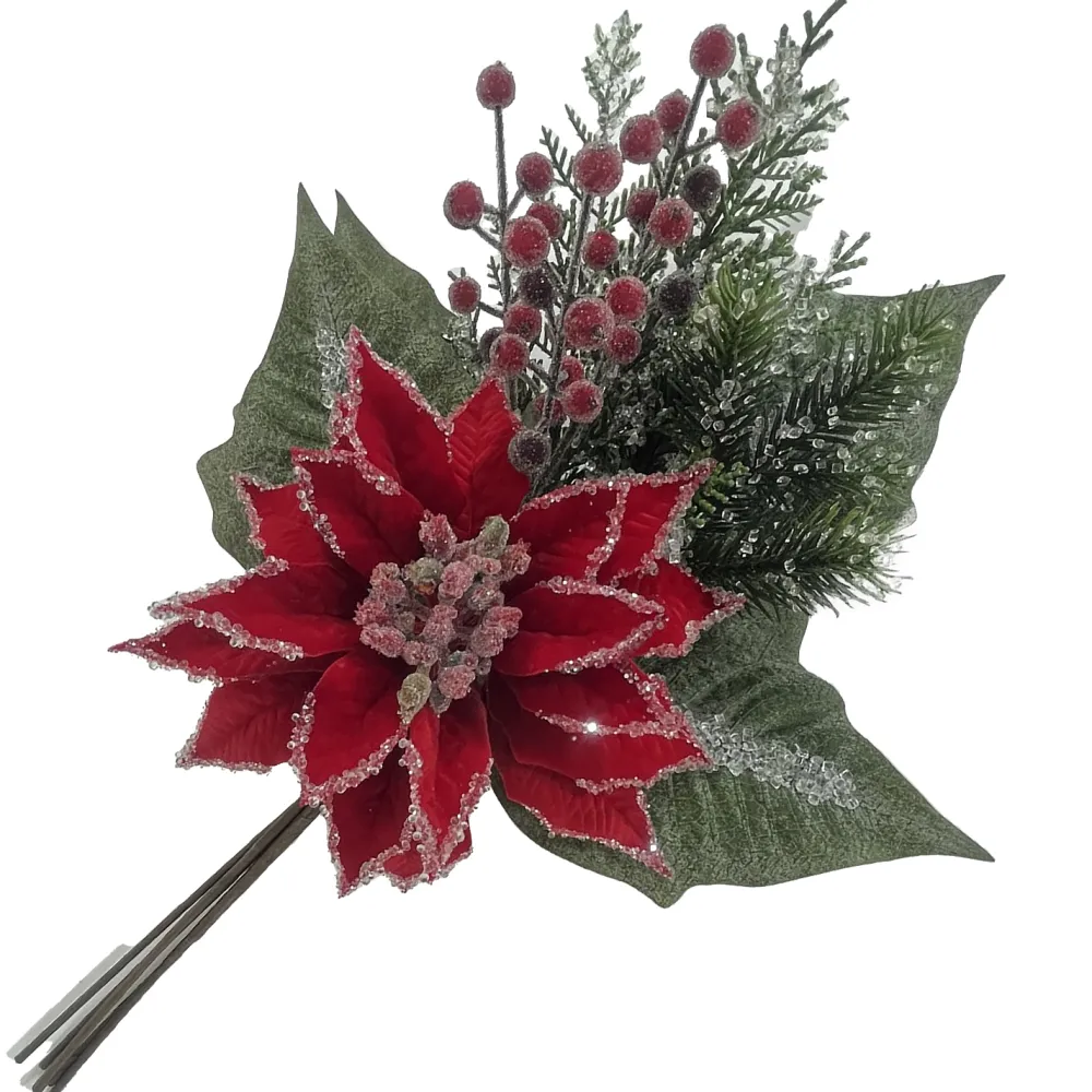 Sale Christmas Forever SPRAY RED POINSETTIA 20″ DLX VELVET W/ICED EDGE, MIXED GREENERY & ICED RED ERRIES