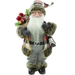 Discount Christmas Forever STANDING SANTA 12″ GRAY/RED COAT W/ GIFT SACK & LANTERN