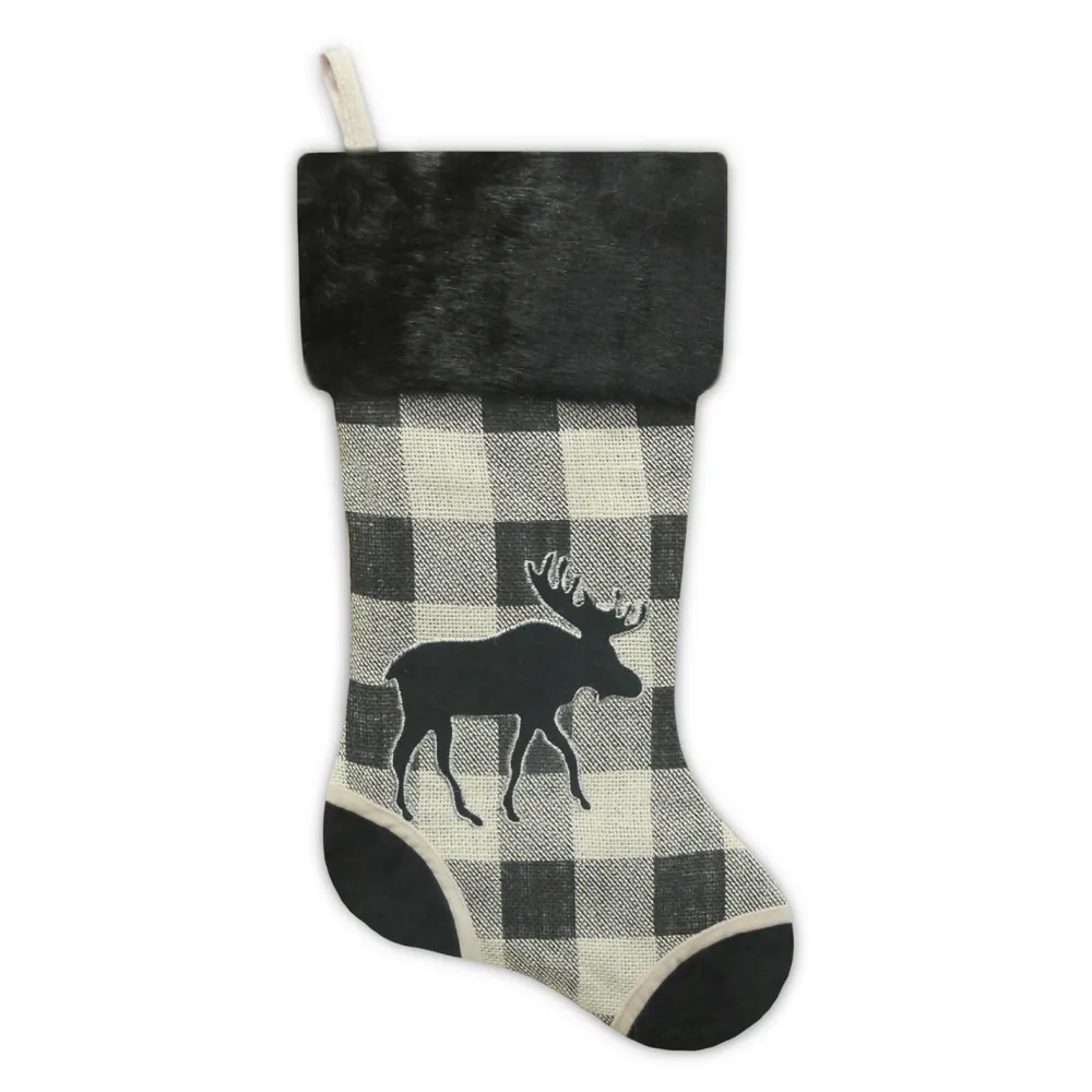 Discount Christmas Forever STOCKING 20.5″ BLACK/ CREAM BURLAP PLAID & SUEDE WITH FAUX FUR CUFF- MOOSE