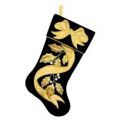 Outlet Christmas Forever STOCKING 20.5″ BLACK/GOLD VELVET W/ METALLIC RIBBON/HOLLY EMBROIDERY, VELVET CUFF