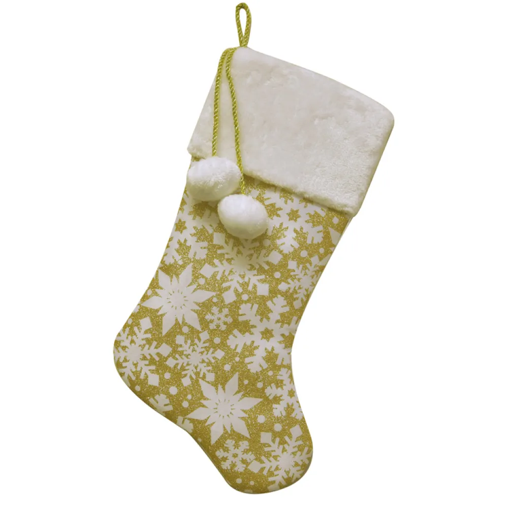 Best Christmas Forever STOCKING 20.5″ GOLD GLITTER W/ SNOWFLAKES, FAUX FUR CUFF & POMPOMS
