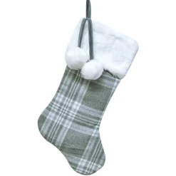 Hot Christmas Forever STOCKING 20.5″ GRAY/WHITE PLAID W/ FAUX FUR CUFF & POM POMS