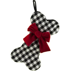 Outlet Christmas Forever STOCKING 14″ PET DOG BONE BLK/WHT W/ RED BOW