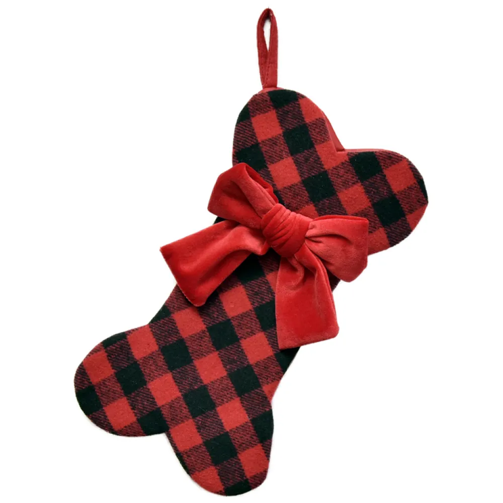 Discount Christmas Forever STOCKING 14″ PET DOG BONE RED/BLACK PLAID BONE W/ RED VELVET BOW