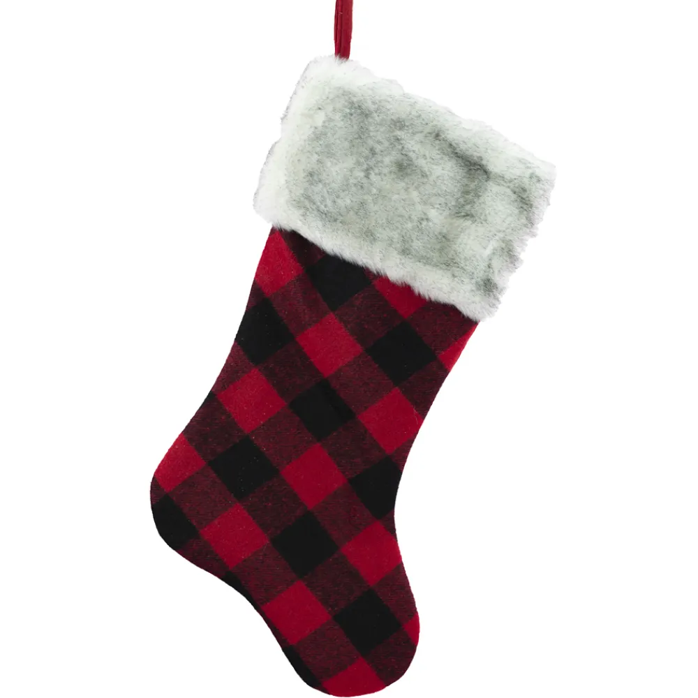 Sale Christmas Forever STOCKING 20.5″ RED/ BLACK BUFFALO PLAID FUR CUFF