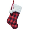 Clearance Christmas Forever STOCKING 20.5″ RED/ BLACK BUFFALO PLAID W/ FAUX FUR CUFF & POMPOMS