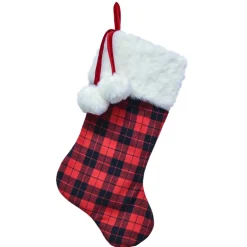 Clearance Christmas Forever STOCKING 20.5″ RED/ BLACK BUFFALO PLAID W/ FAUX FUR CUFF & POMPOMS