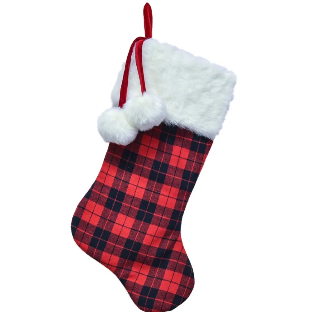 Clearance Christmas Forever STOCKING 20.5″ RED/ BLACK BUFFALO PLAID W/ FAUX FUR CUFF & POMPOMS