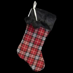 Discount Christmas Forever STOCKING 20.5″ RED/ BLACK PLAID BLACK FAUX FUR CUFF AND POM POMS