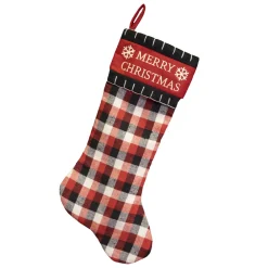Clearance Christmas Forever STOCKING 20.5″ RED/ BLACK/ WHITE PLAID W/ MERRY CHRISTMAS EMB CUFF
