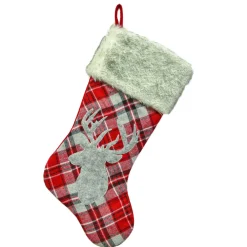 Sale Christmas Forever STOCKING 20.5″ RED/ GRAY PLAID W/ REINDEER APPLIQUE & FAUX FUR CUFF