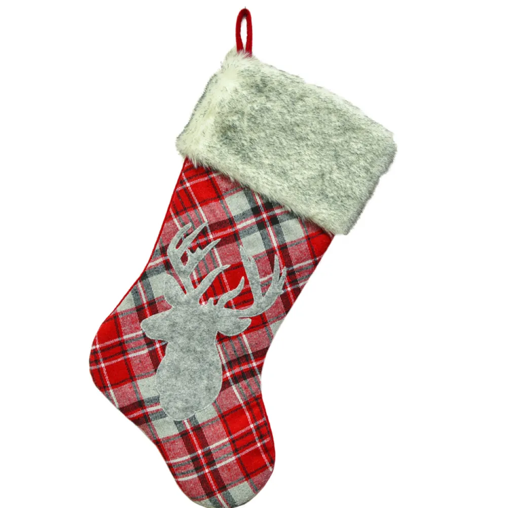 Sale Christmas Forever STOCKING 20.5″ RED/ GRAY PLAID W/ REINDEER APPLIQUE & FAUX FUR CUFF