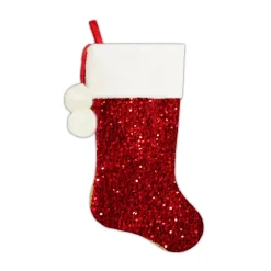 Best Christmas Forever STOCKING 20.5″ RED SEQUIN VELVET W/ FAUX FUR CUFF & POMS POMS
