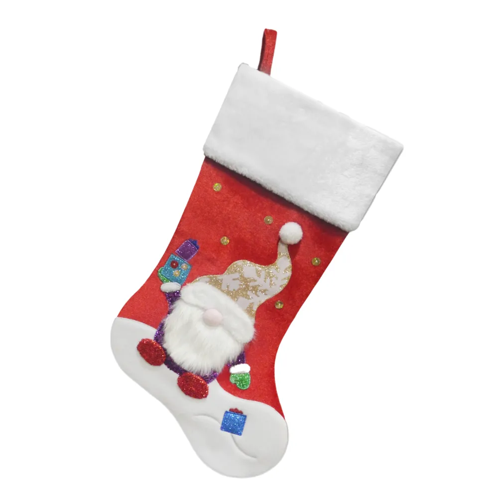 Clearance Christmas Forever STOCKING 20.5″ RED VELVET W/ FAUX FUR CUFF, METALLIC EMBROIDERY GNOME DESIGN