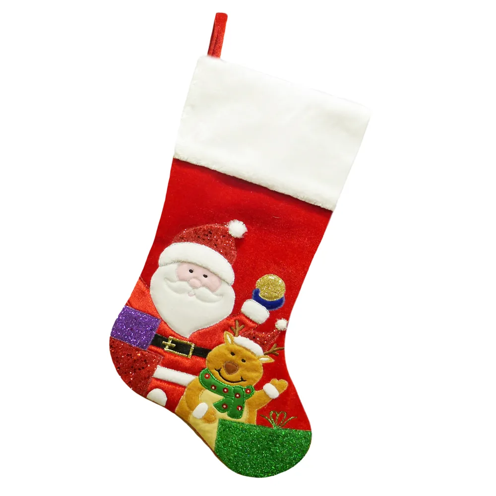 Clearance Christmas Forever STOCKING 20.5″ RED VELVET W/ FAUX FUR CUFF, GLITTER SANTA & REINDEER EMBROIDERY