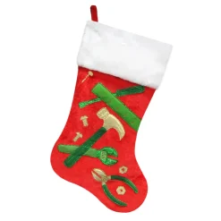 Outlet Christmas Forever STOCKING 20.5″ RED VELVET W/ FAUX FUR CUFF, METALLIC TOOLS EMBROIDERY