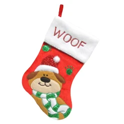 New Christmas Forever STOCKING 13″ RED VELVET W/ METALLIC DOG APPLIQUE, FLEECE CUFF W/ EMBROIDERY & METALLIC CORD