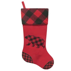 Discount Christmas Forever STOCKING 20.5″ RED VELVET W/ PLAID CUFF APPLIQUE & EMBROIDERY- BEAR