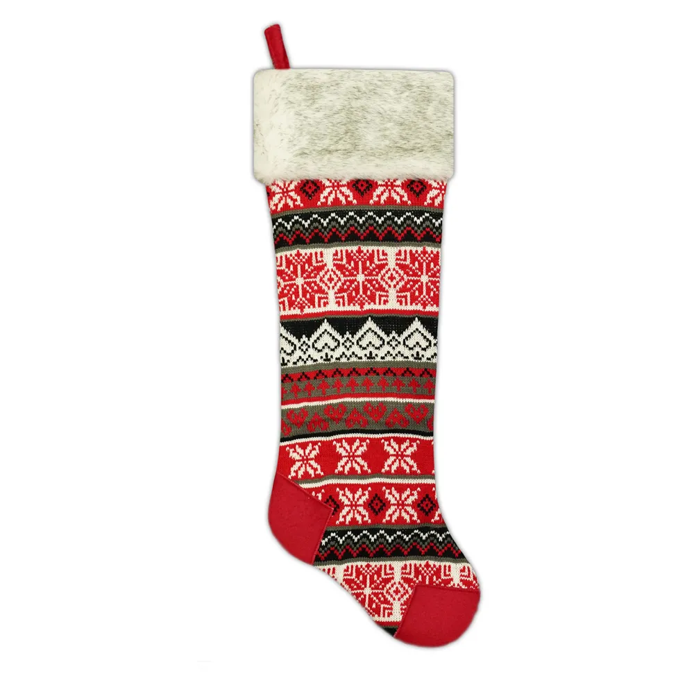 Hot Christmas Forever STOCKING 25″ RED/ WHITE/ BLACK KNITTED & FLEECE W/ FAUX FUR CUFF, HEEL & TOE DESIGN