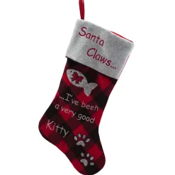 Clearance Christmas Forever STOCKING 20.5″ RED/BLACK PET CAT BUFFALO PLAID W/ FLEECE CUFF