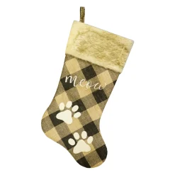 Hot Christmas Forever STOCKING 20.5″ TAN/BLACK BURLAP PLAID W/ FAUX FUR CUFF, PAW EMBROIDERY
