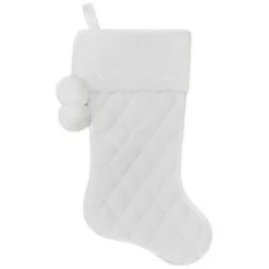 New Christmas Forever STOCKING 20.5″ WHITE QUILTED VELVET WITH FAUX FUR CUFF & POM POMS