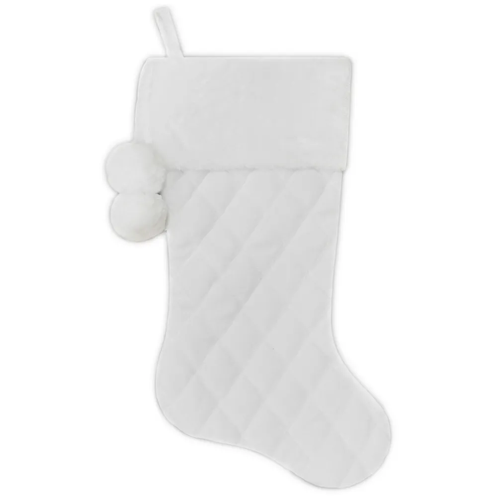 New Christmas Forever STOCKING 20.5″ WHITE QUILTED VELVET WITH FAUX FUR CUFF & POM POMS