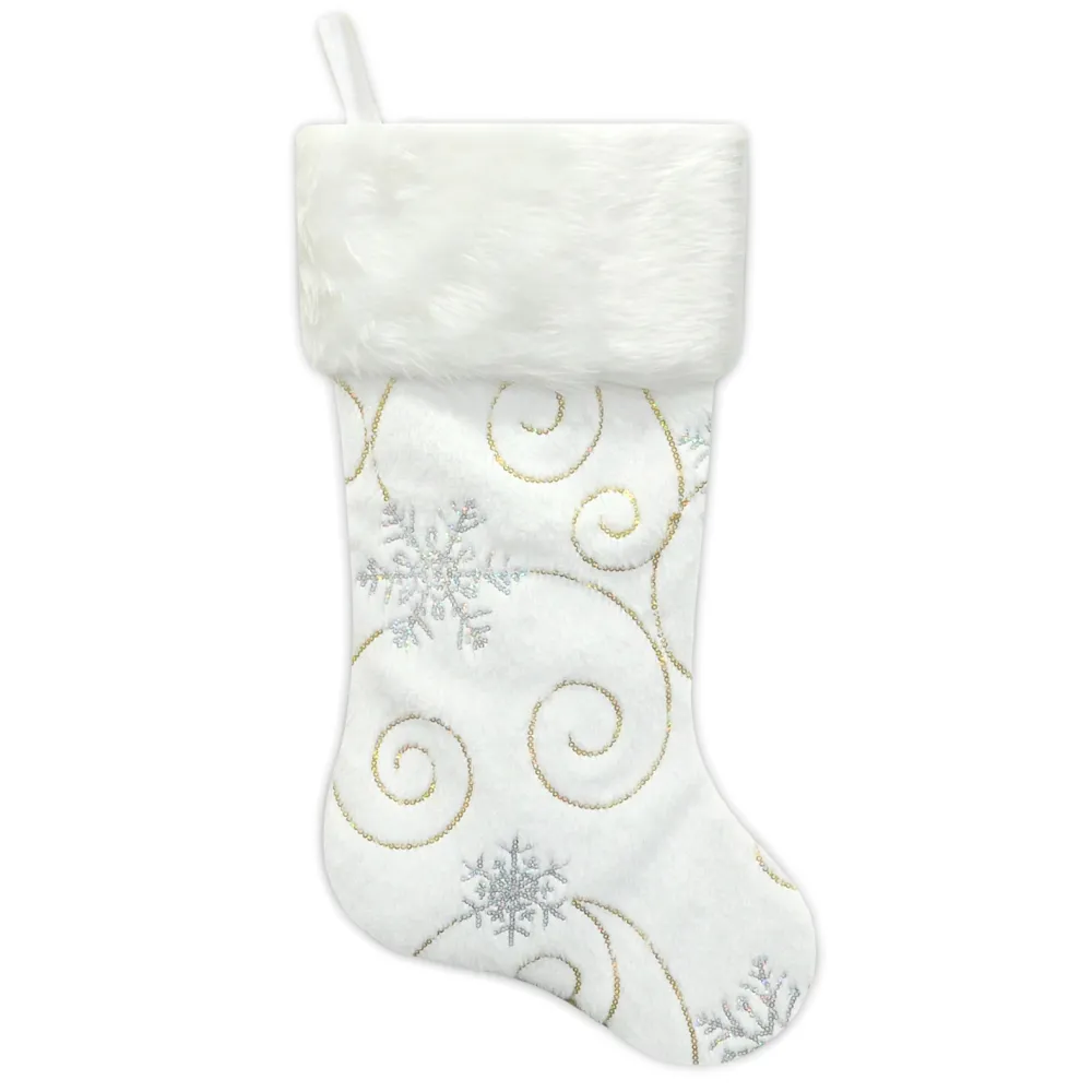 Outlet Christmas Forever STOCKING 20.5″ WHITE W/ SILVER SEQUINS SNOWFLAKE FAUX FUR WITH FAUX FUR CUFF