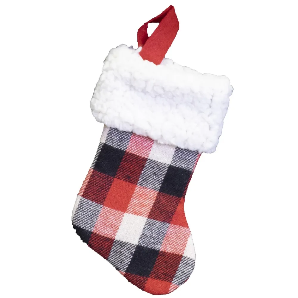 Hot Christmas Forever STOCKING MINI 6″ RED/ BLACK/ WHITE PLAID W/FUR CUFF