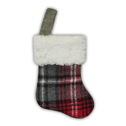 New Christmas Forever STOCKING MINI 6″ RED/ BLACK/ GRAY PLAID W/ SHERPA CUFF