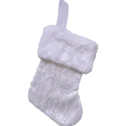 Best Christmas Forever STOCKING MINI 6″ WHITE ORGANZA W/ SILVER GLITTER WAVE PATTERN & FAUX FUR CUFF