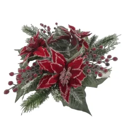 Hot Christmas Forever TABLE DECOR RED POINSETTIA 16″ ICED W/ CANDLE HOLDER W/ MIXED GREENS & ICED RED BERRIES