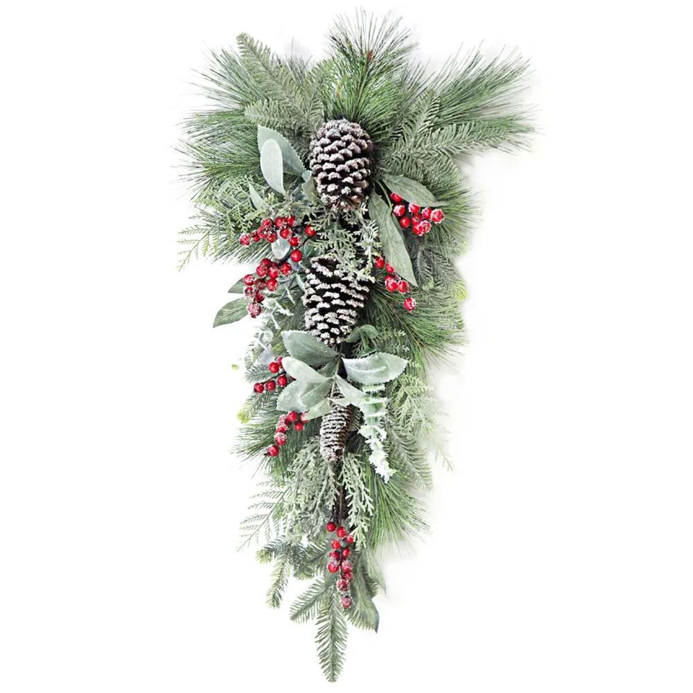Best Christmas Forever TEARDROP GRN 30″ MIXED PINE, CEDAR, RED BERRIES & CONES ICED/ ICED / FROSTED
