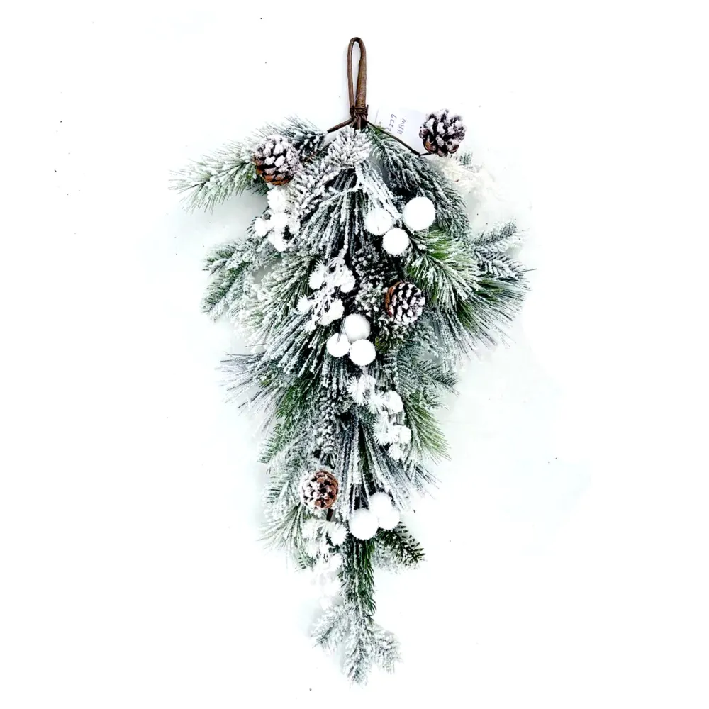 Sale Christmas Forever TEARDROP PINE 28.5″ FLOCKED MIXED PINE W/ PINE CONES AND WHITE SNOW BALLS