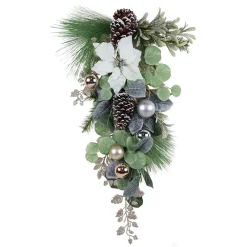Hot Christmas Forever TEARDROP WHITE POINSETTIA 28″ W/ MIXED GRRENS BERRIES & CHAMPAGNE BALLS