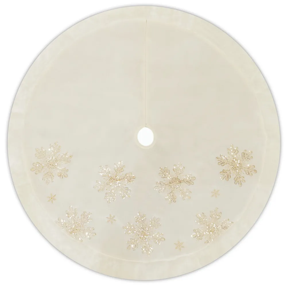 Outlet Christmas Forever TREE SKIRT 48″ IVORY VELVET WITH FAUX FUR BORDER GOLD SNOWFLAKE SEQUINS & EMBROIDERY