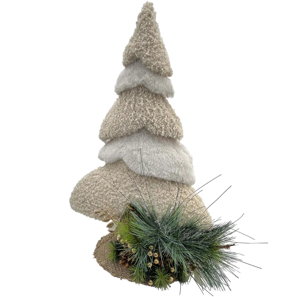 New Christmas Forever TREE TABLE DECOR SHERPA BEIGE 17.5″x27″ W/ PINECONES & NEEDLE PINE