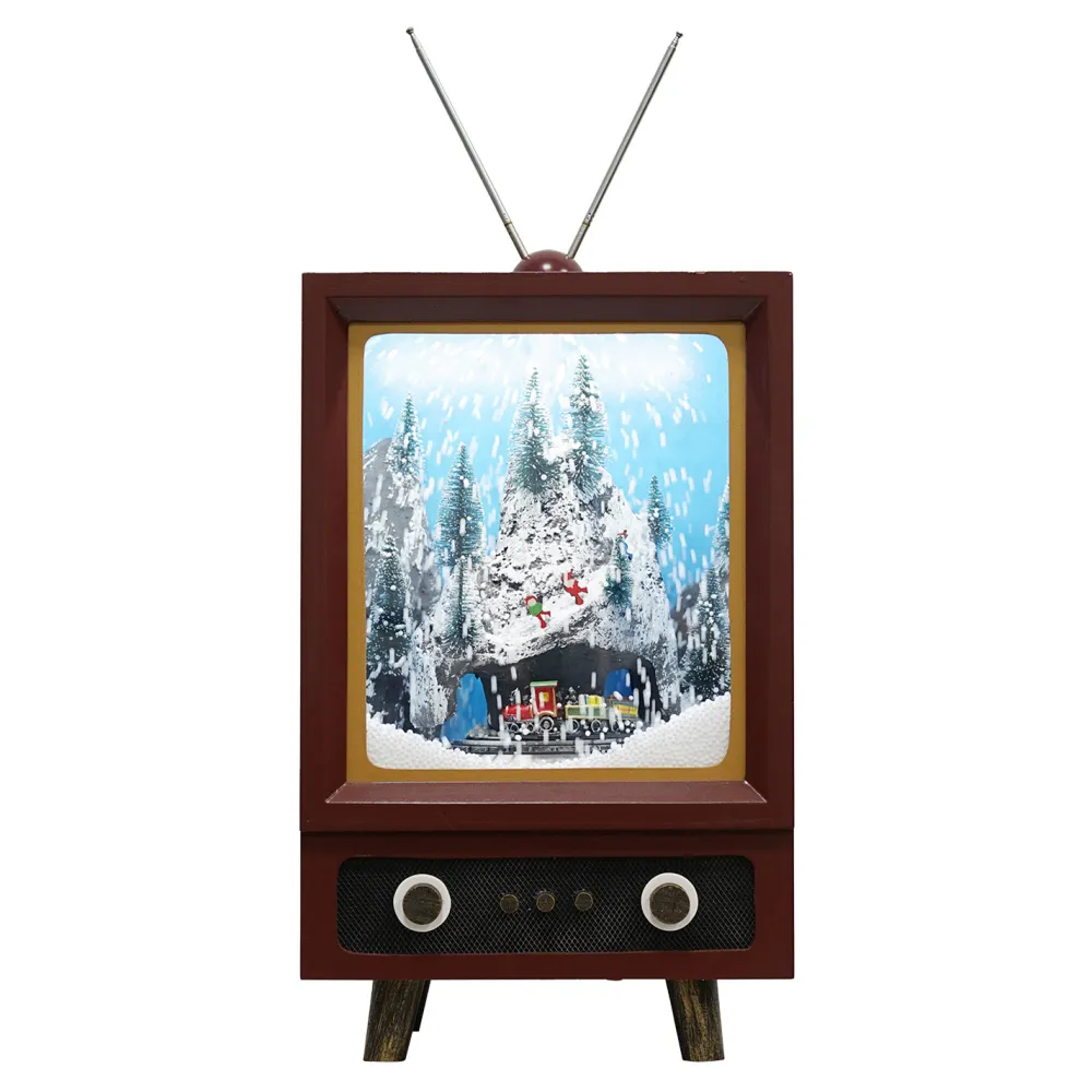 Outlet Christmas Forever VINTAGE TV WITH ALPINE & MOVING TRAIN SNOWING SCENE 17″