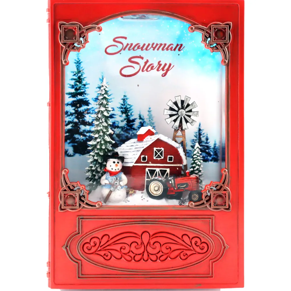 Best Christmas Forever WATER GLOBE BOOK 7.5″X5.125″X2.75″ SNOWMAN & BARN SCENE W/ LED B/O